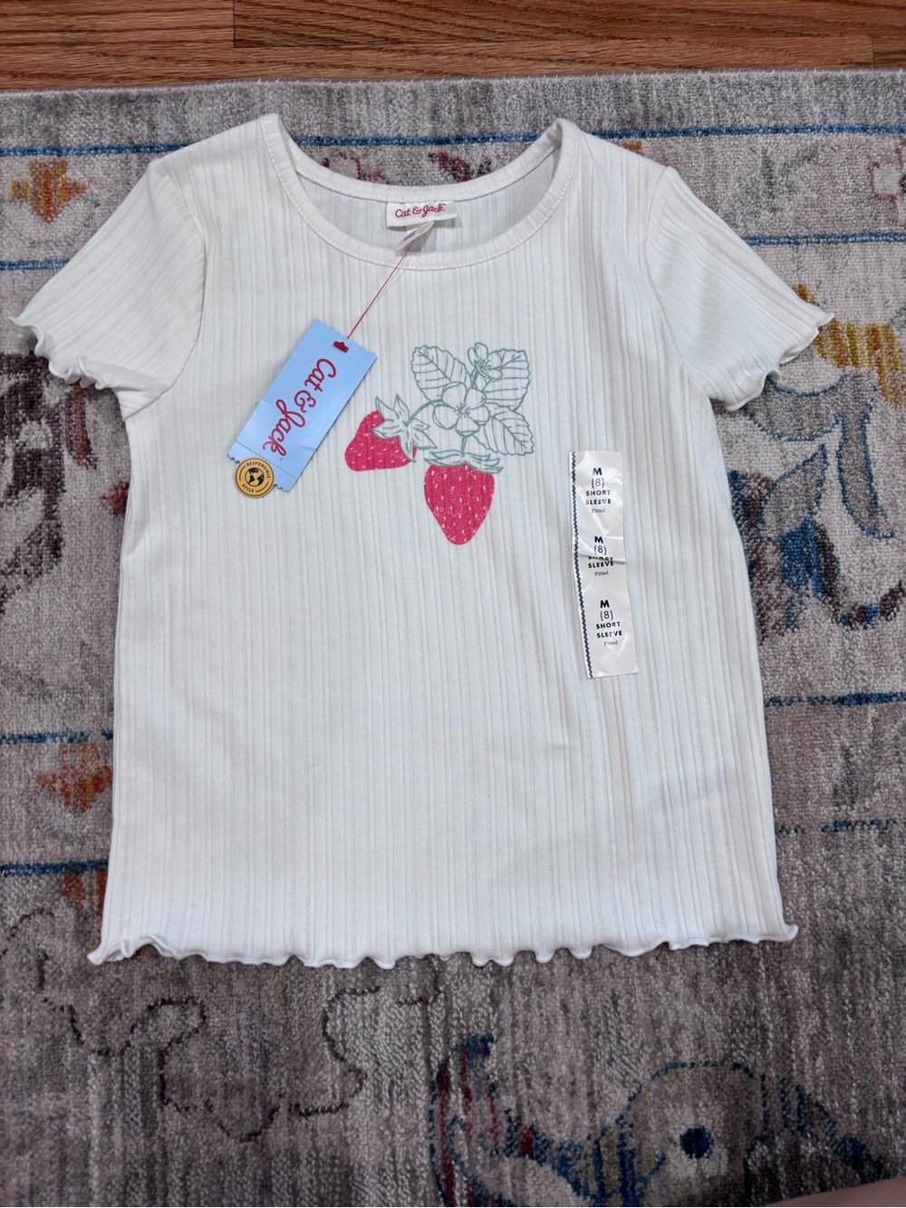NWT Cat & Jack Girls' White Ribbed Strawberry Graphic Tee M (8)
